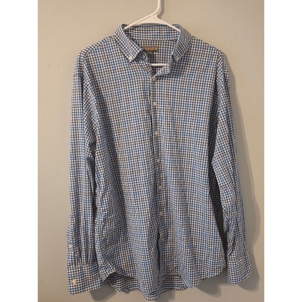 Peter Millar Summer Comfort Gingham Shirt Mens Large Blue Yellow Stretch Nylon